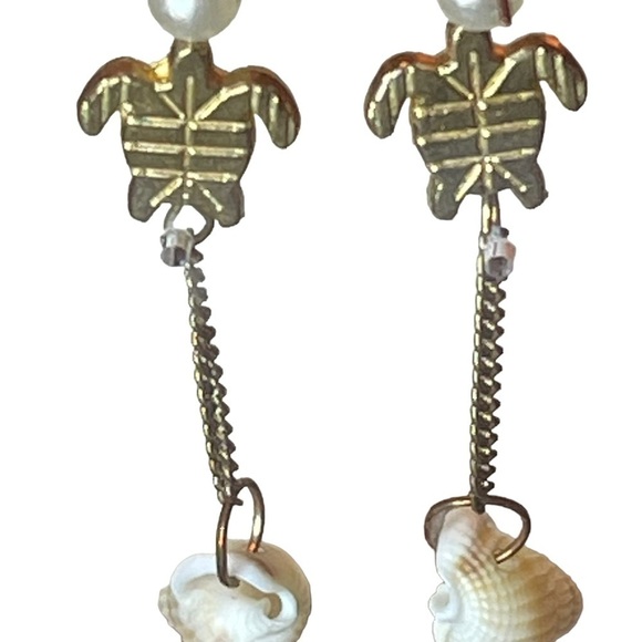 Vintage Brass Turtle, Pearl & Shell Long Dangling Drop Statement Earrings - Picture 5 of 6